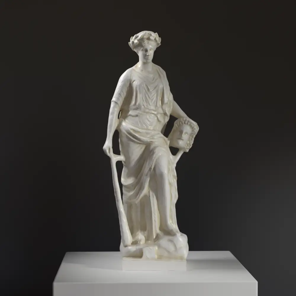 Statue von Melpomene, Muse der Tragödie, aus hochwertigem Harz mit Patina-Effekt.