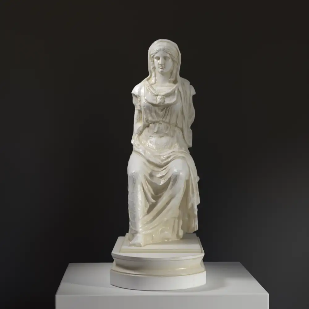 Replik der Statue der sitzenden Minerva, die die Göttin in klassischer Pose darstellt.
