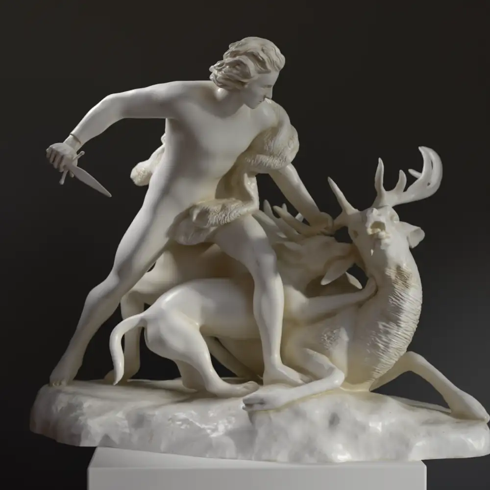 Replik der Skulptur "Das Genie der Jagd" von Jean-Baptiste de Bay, die ein Reh und Jagdhunde darstellt.