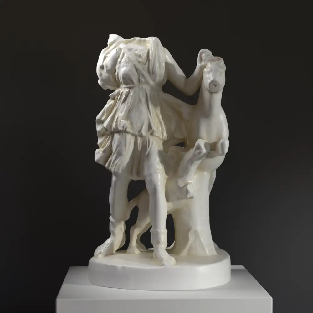 Skulptur der Göttin Diana, dargestellt mit einer Reh und einem Hund.