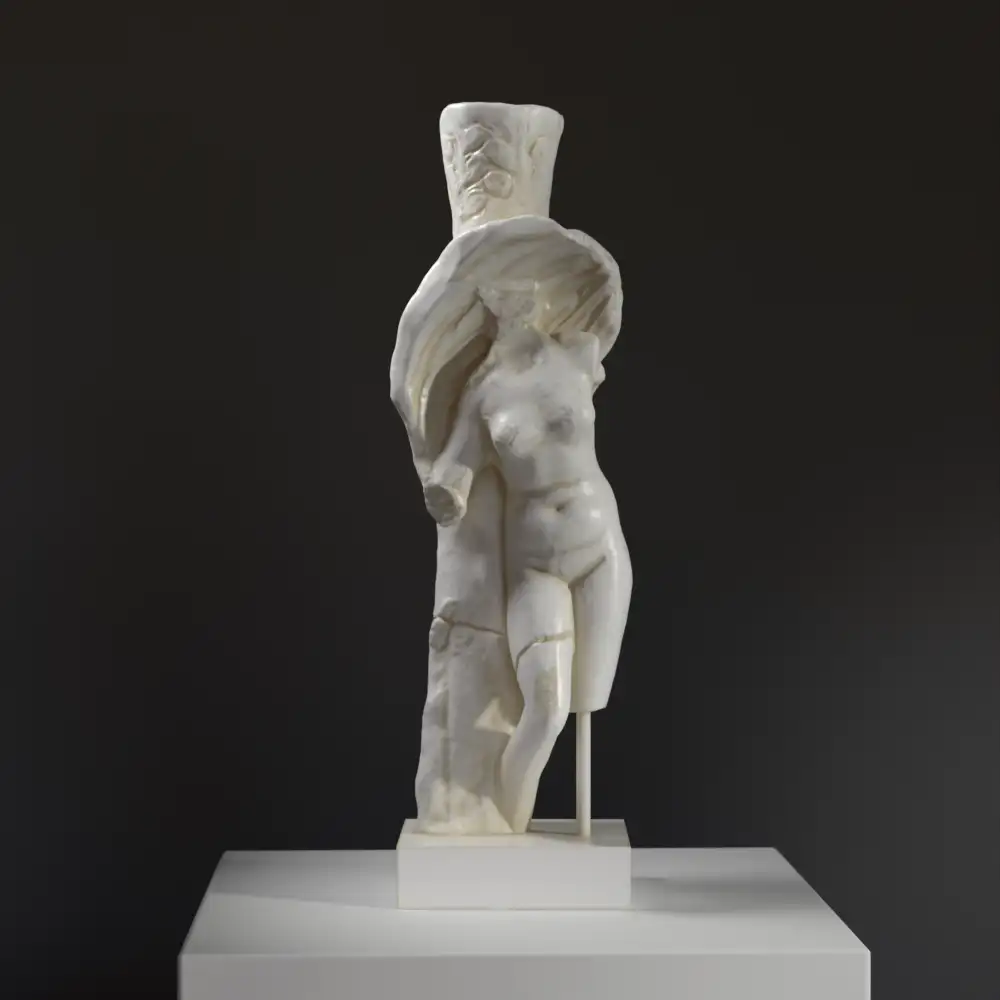 Skulptur des Trapezophoron Tischsupports, die Herakles und Amor darstellt.