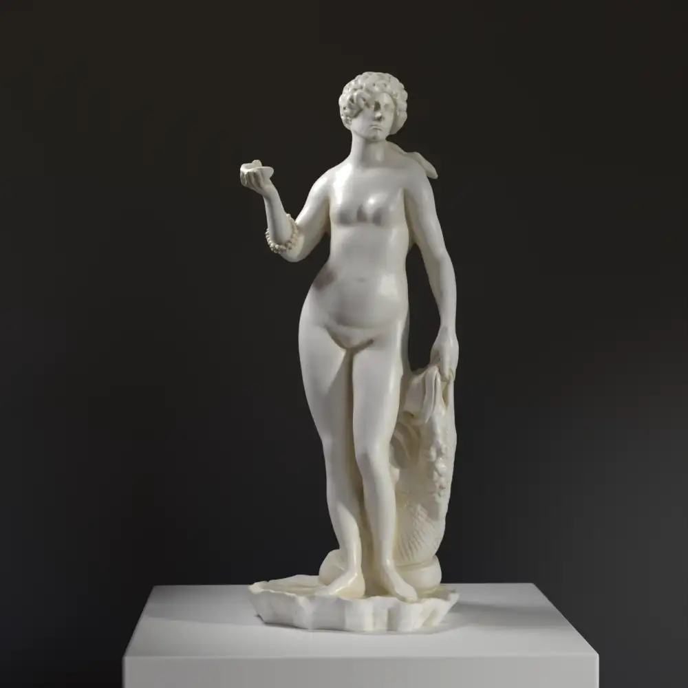 Skulptur von Venus Met Schelp in Marmor- und Bronze-Patina.