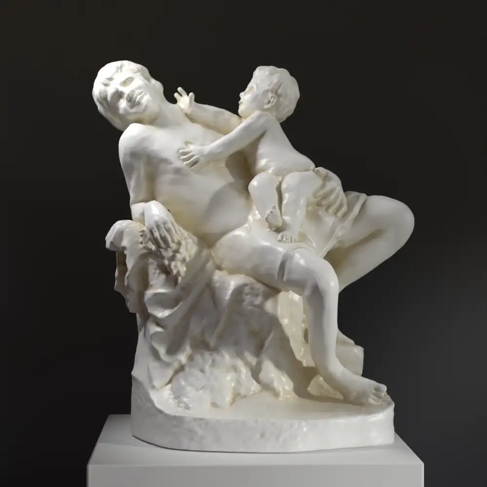 Skulptur des jungen Fauns und Bacchus als Kind, detailreiche Darstellung eines mythologischen Themas.