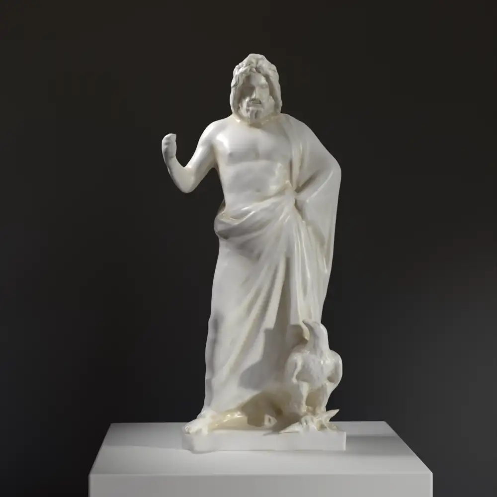 Skulptur von Zeus mit einem Adler, detailreiche Darstellung der antiken Mythologie.