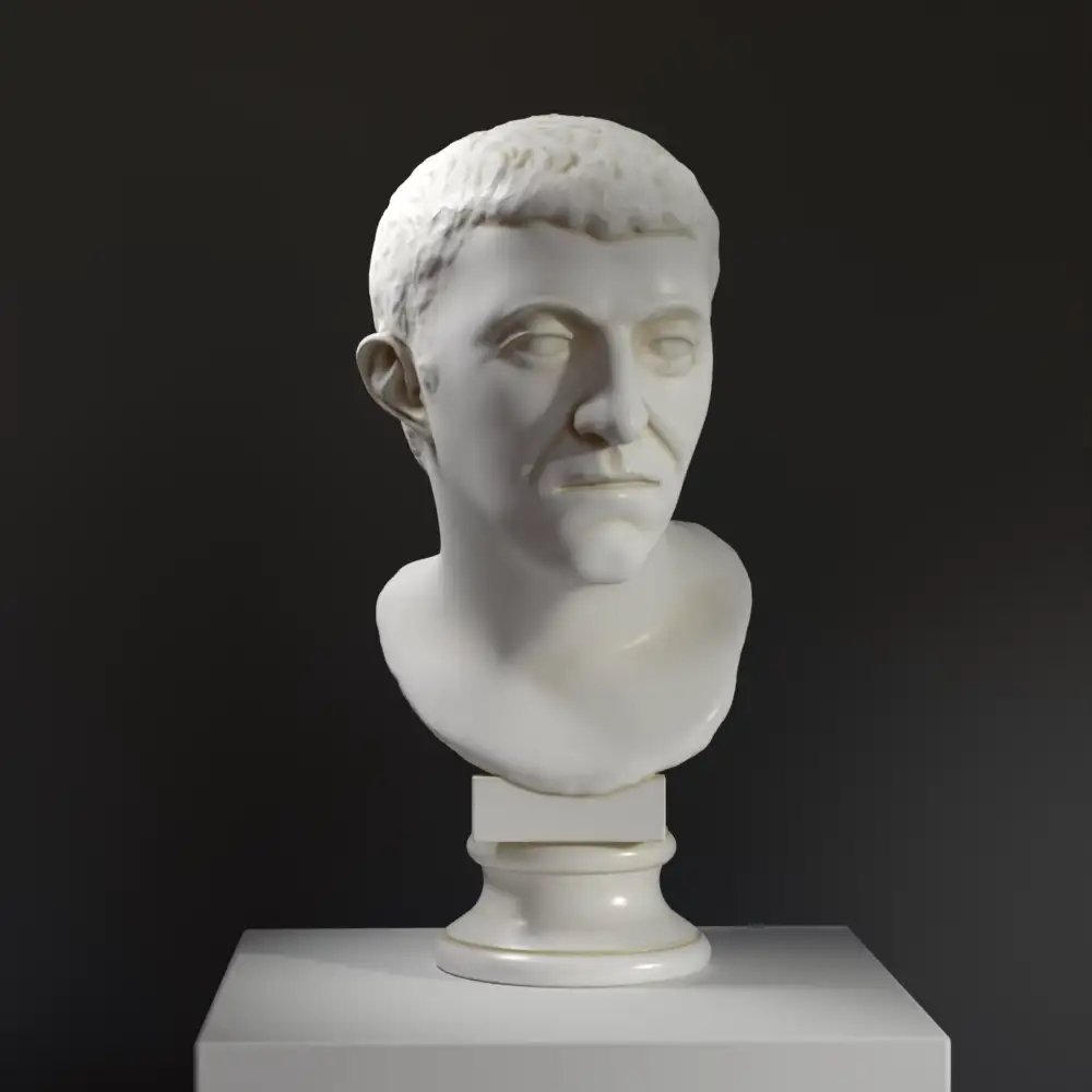 Detailansicht der Büste des sogenannten Porträts von Corbulo, die die Merkmale der klassischen Antike zeigt.