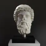 Kopf einer Gottheit, möglicherweise Zeus oder Aesculapius, in detailreicher Ausführung.