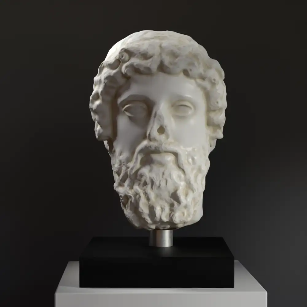 Kopf einer Gottheit, möglicherweise Zeus oder Aesculapius, in detailreicher Ausführung.