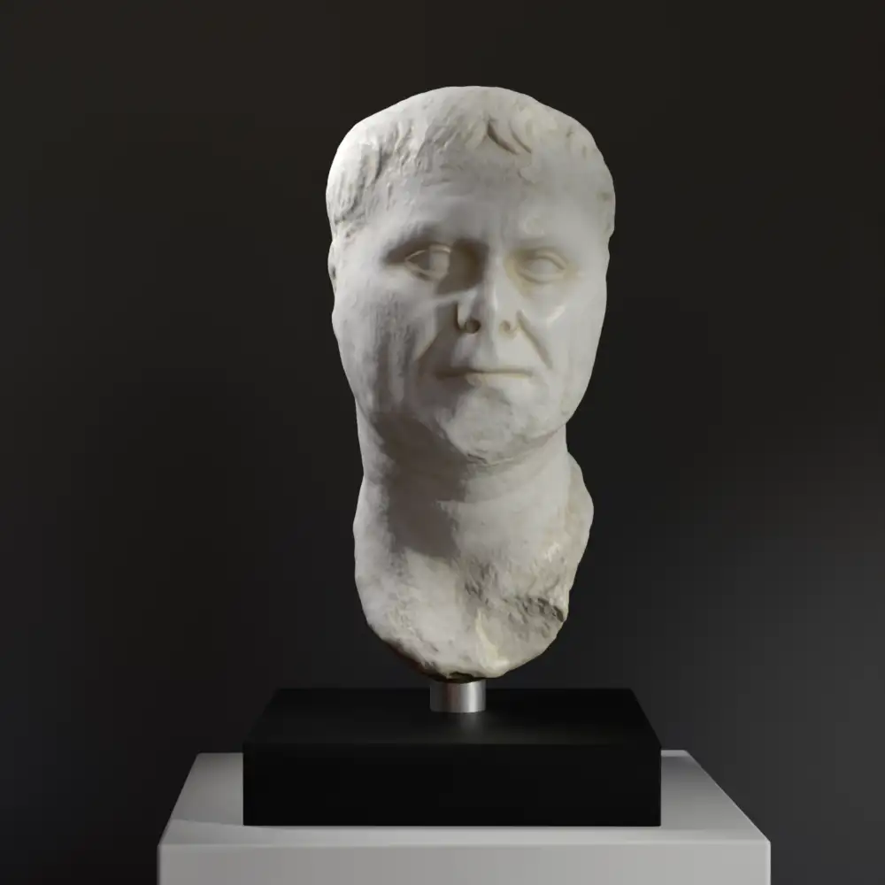 Büste eines römischen Mannes aus hochwertigem Resin mit Marmor- und Bronze-Effekt.