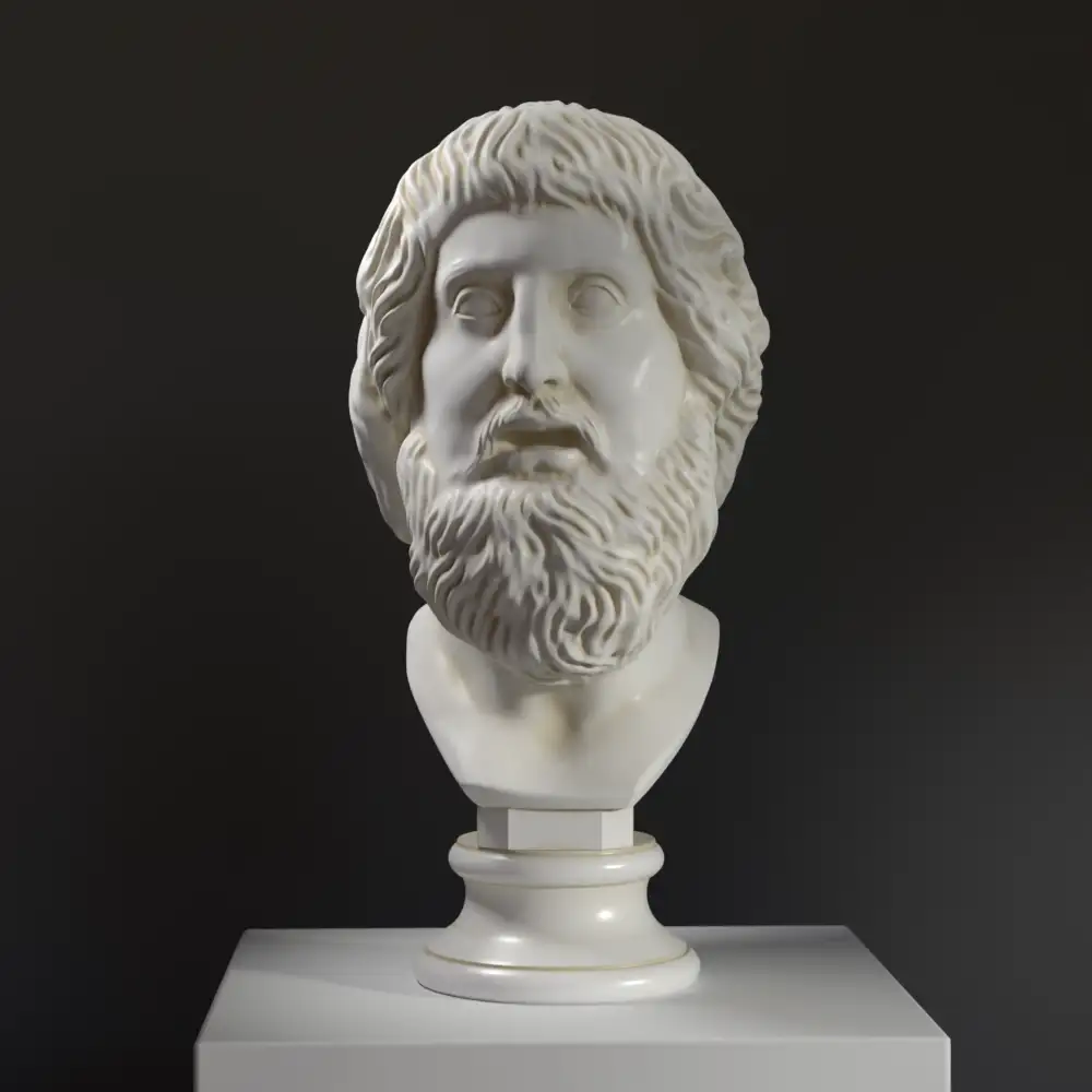 Detailansicht der Büste von Philoctetes, die die Merkmale der antiken griechischen Skulptur zeigt.