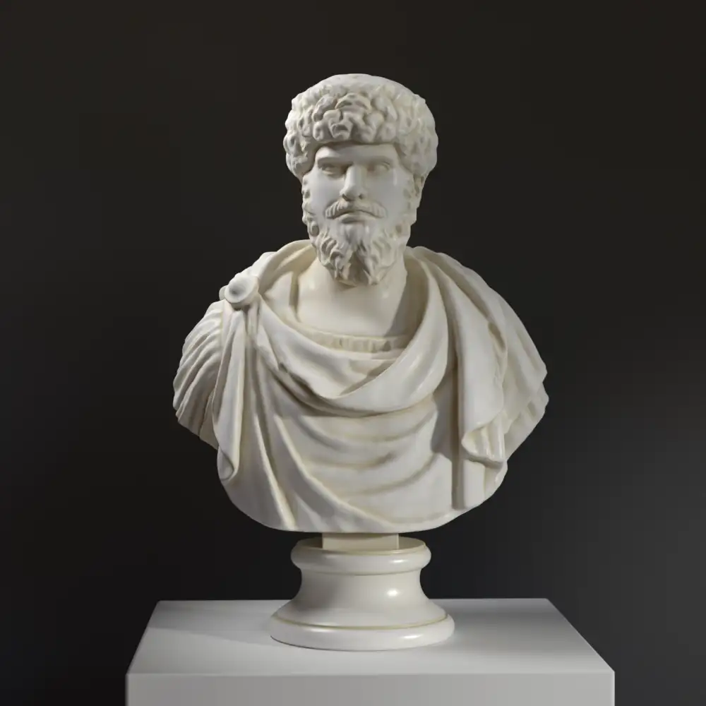 Büste des männlichen Porträts von Lucius Verus, detailreiche Replik mit Marmor- und Bronze-Patina.