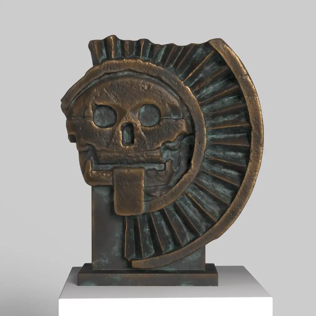 Escultura del Disco de Mictlantecutli en resina con acabado de mármol y bronce.