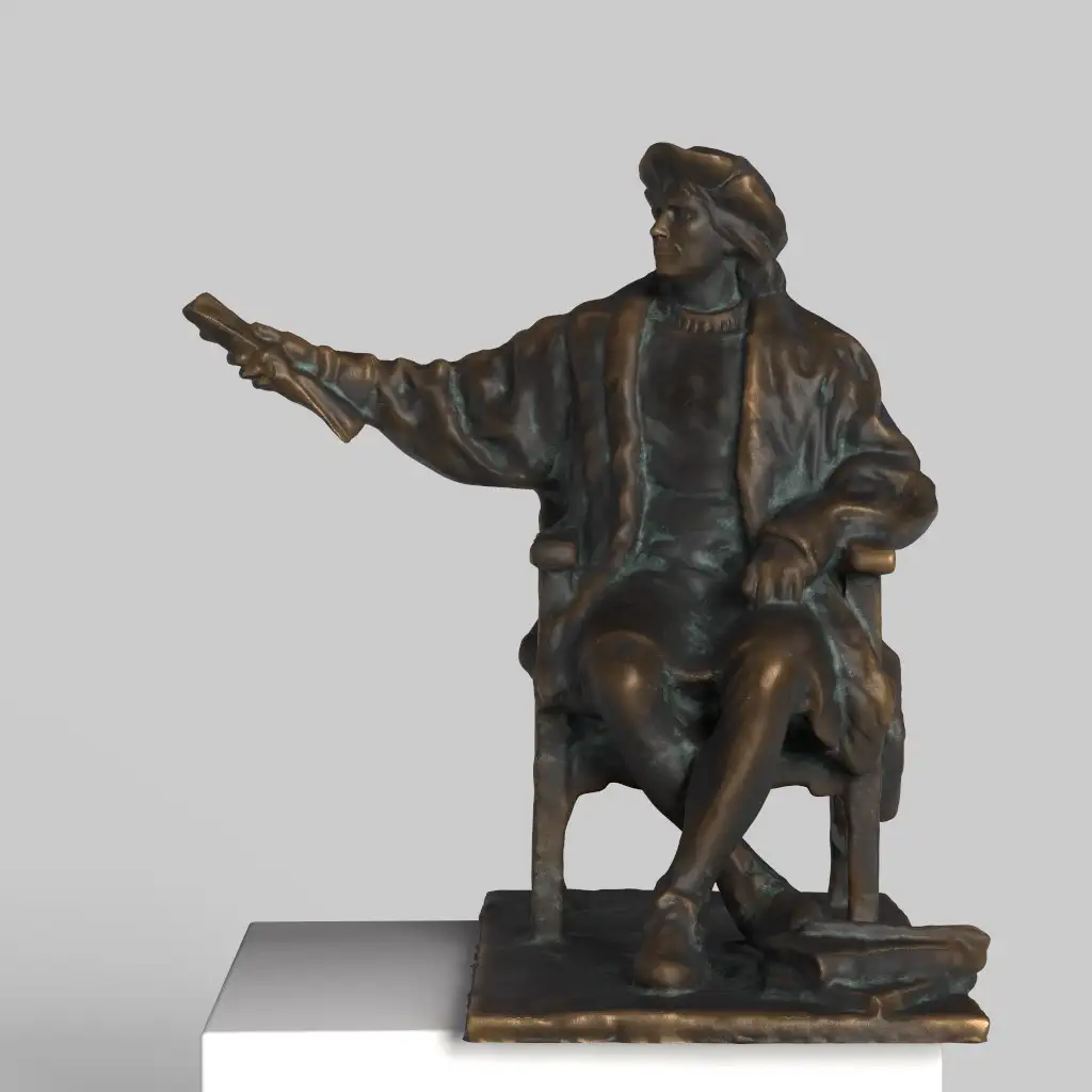 Escultura de Cristóbal Colón mirando hacia el oeste, sosteniendo un mapa marítimo.