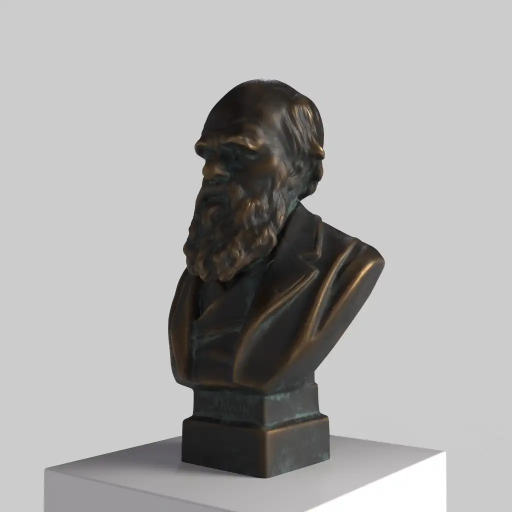 Busto de Charles Darwin en resina con acabado marmoleado y bronceado.