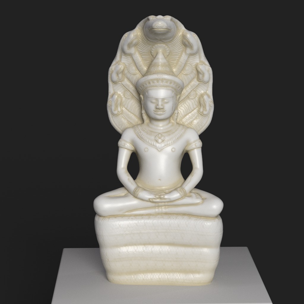 Escultura de Buda protegido por el naga en resina con efecto de mármol y bronce.