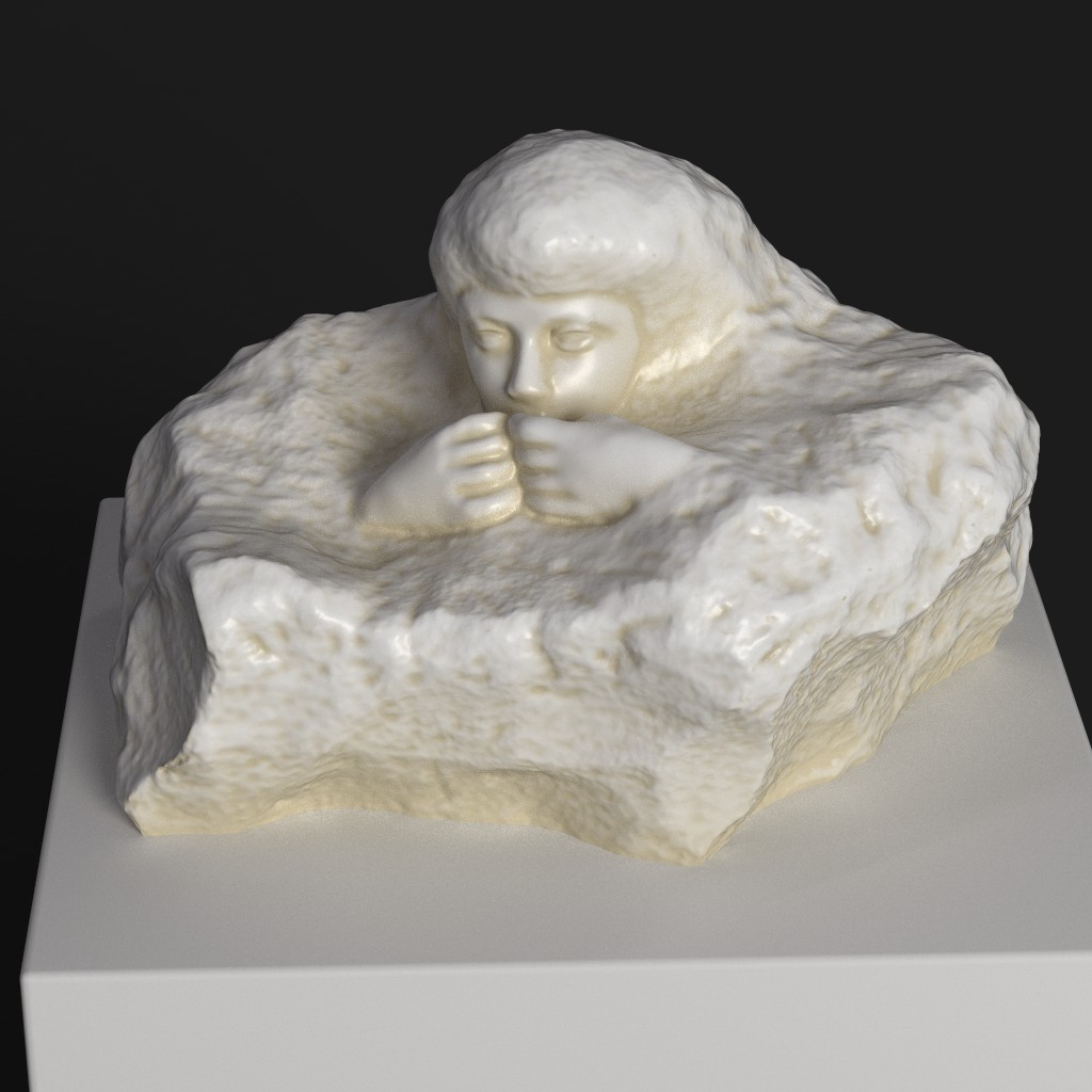 Escultura del Convaleciente de Camille Claudel, mostrando una figura con cabello corto y manos emergiendo del mármol.
