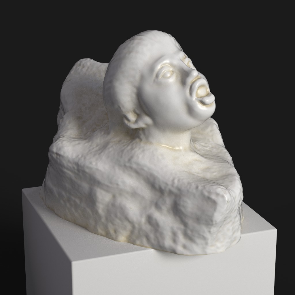 Escultura de La Mujer Pez en resina con acabado que imita mármol y bronce.