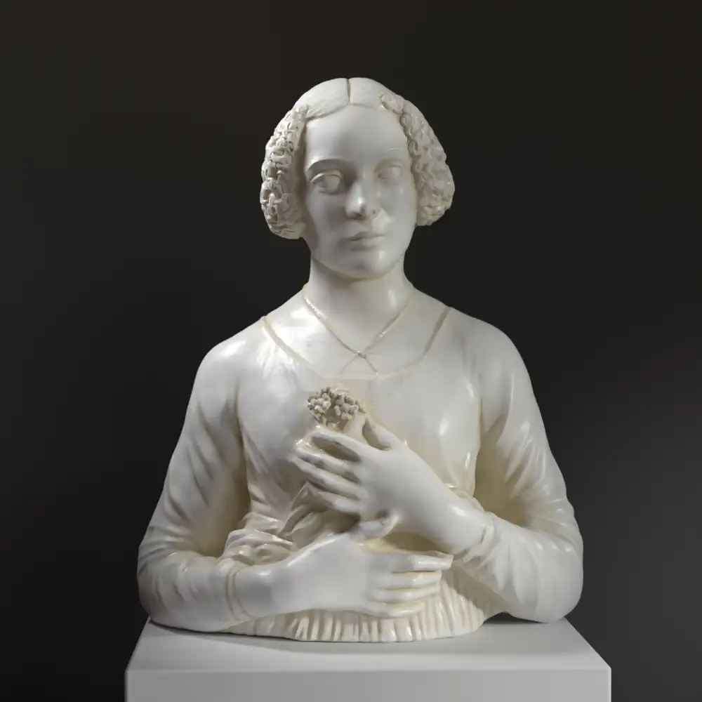 Busto de Mujer con un Ramo de Flores en resina con acabado de mármol y bronce.