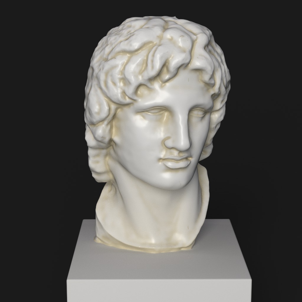 Busto de Alejandro Magno en resina con efecto de mármol y bronce.