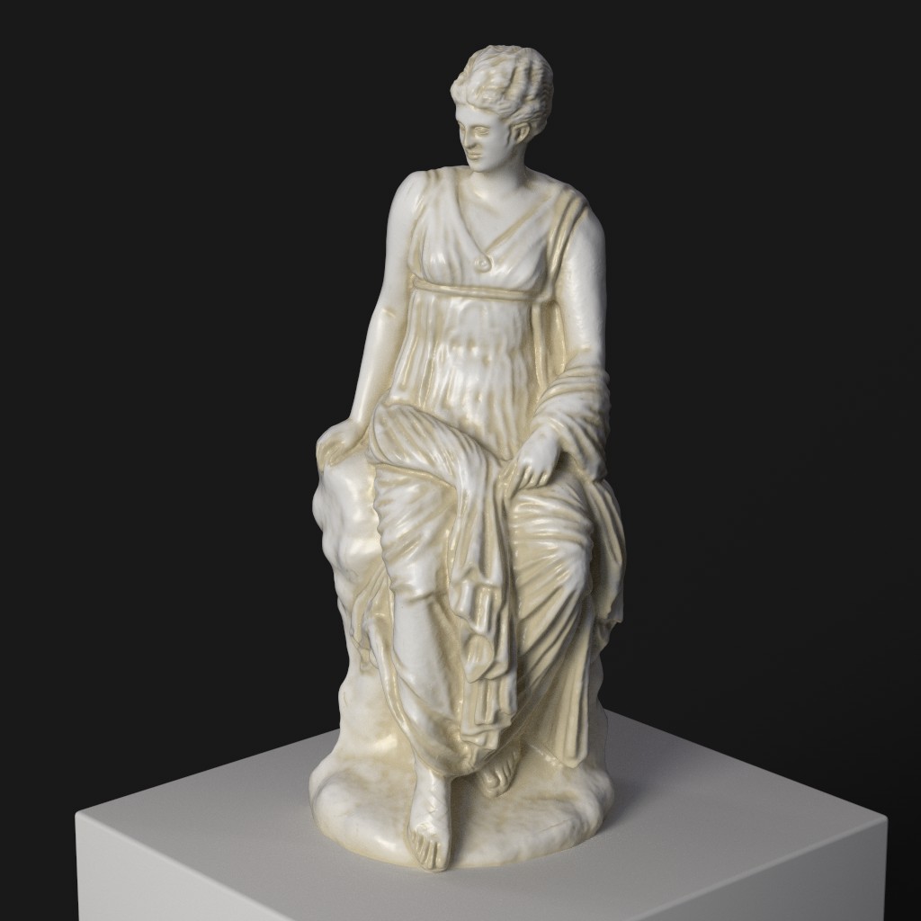Escultura de Euterpe sosteniendo una flauta, representando la música y la poesía.