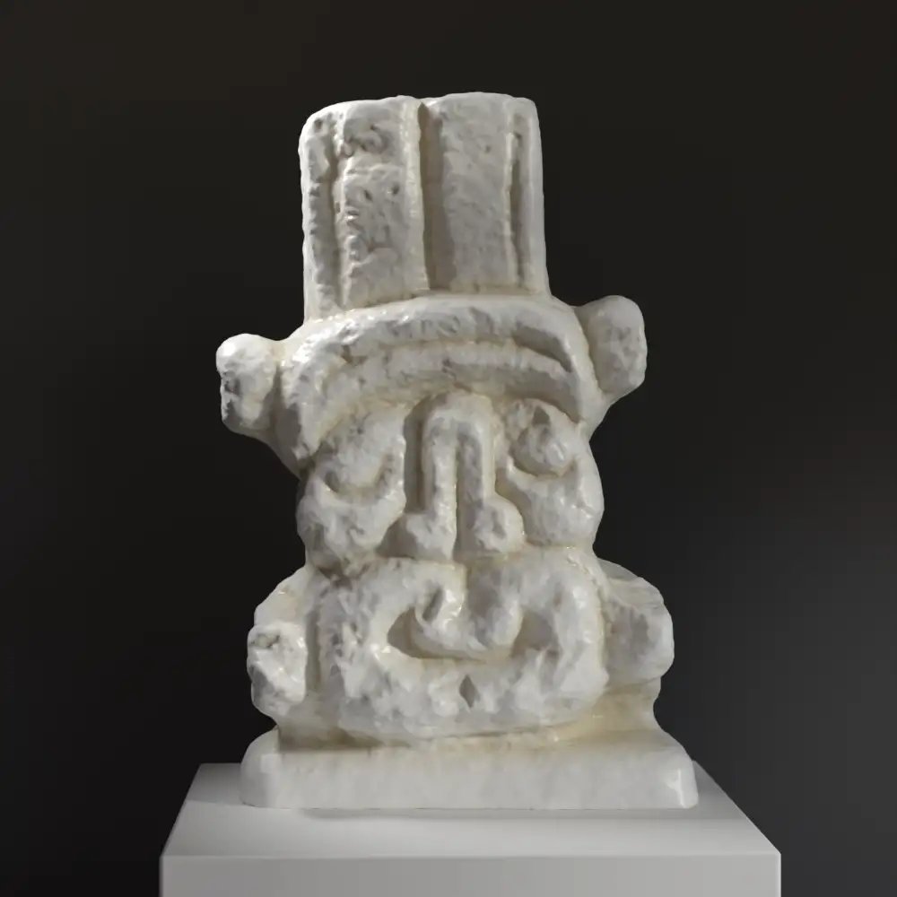 Escultura de Cabeza de Ajaw en resina con pátina que imita mármol y bronce.