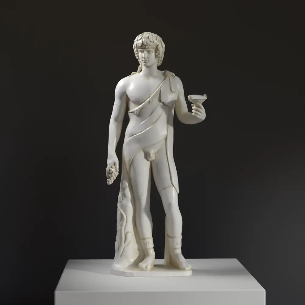 Escultura de Antinous como Baco, mostrando detalles de la drapería y expresión.