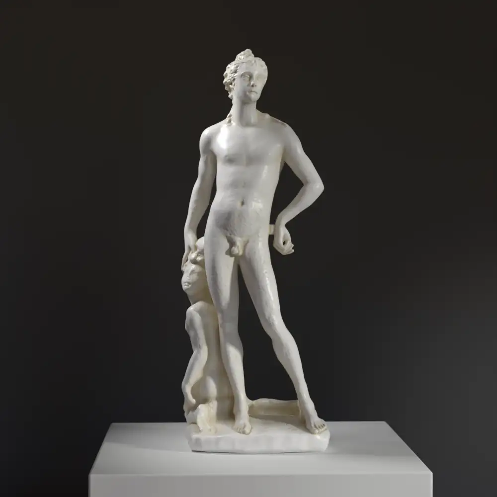 Escultura de Apolo y Jacinto en resina con acabado de pátina.