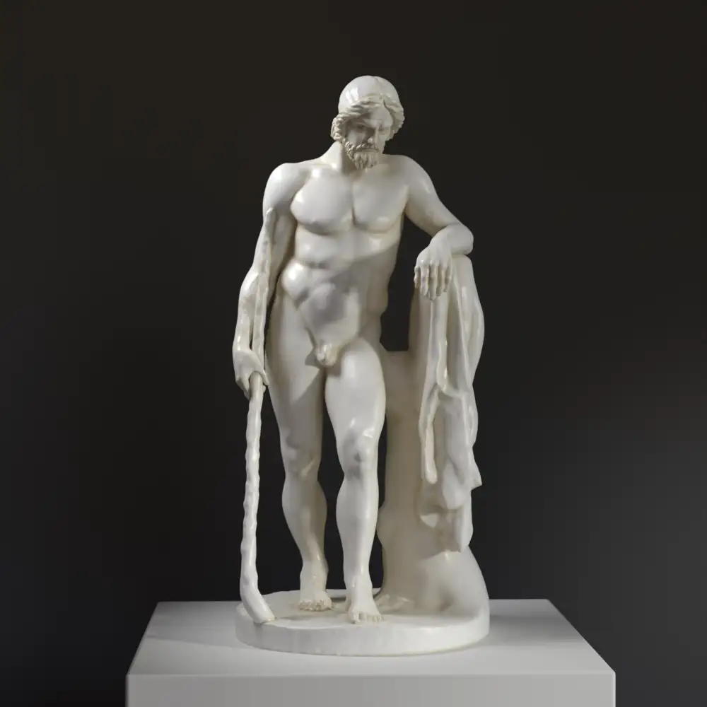 Escultura de Aristeo, dios de los jardines, en resina con pátina de mármol y bronce.