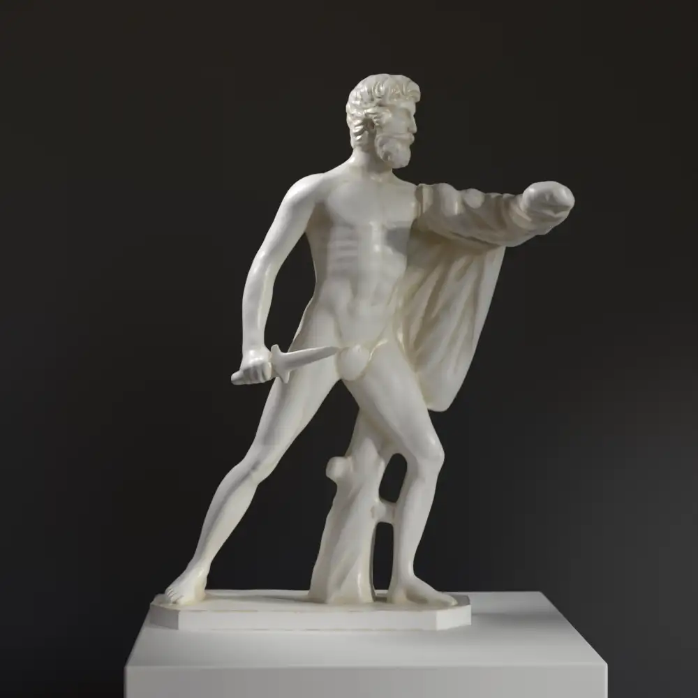 Escultura de Aristogitón en resina con acabado que imita mármol y bronce.