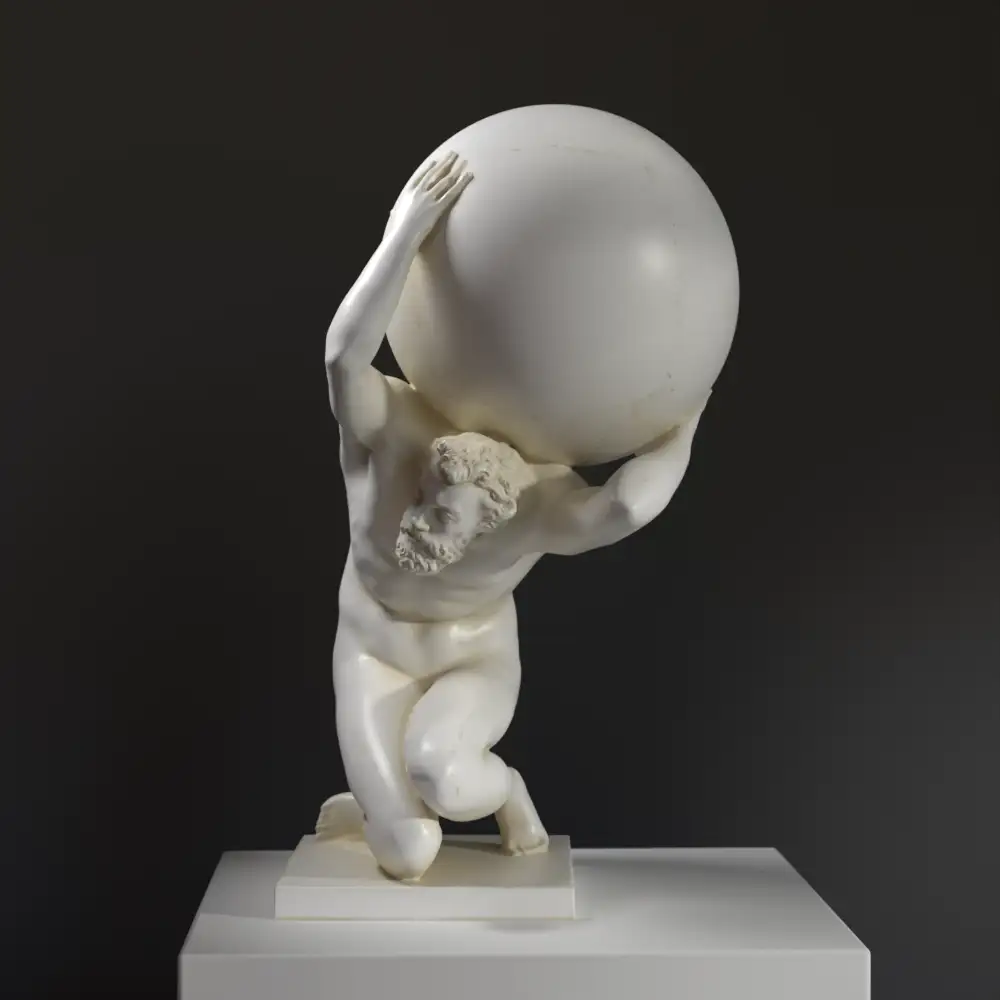 Escultura de Atlas en Arcevia, Italia, representando la fuerza del Titán.