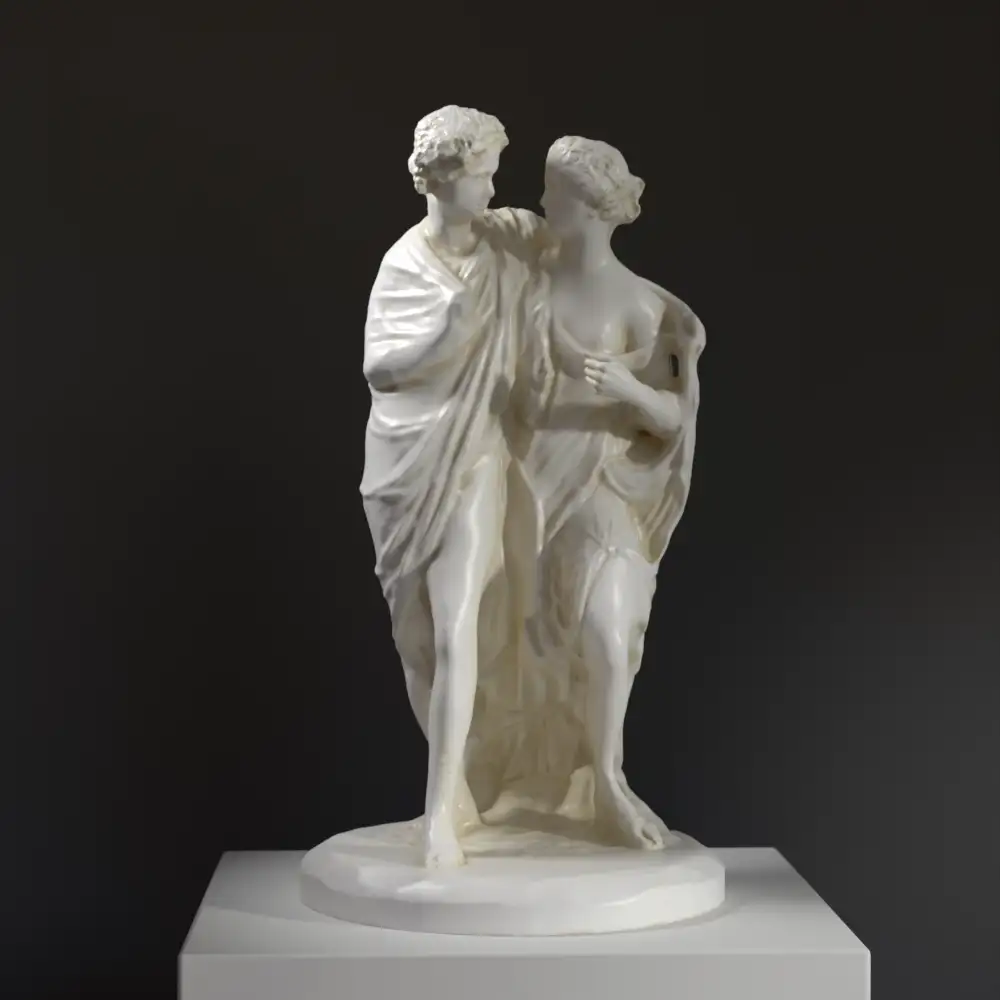 Escultura de Baco y Ariadna en resina con efecto de pátina.