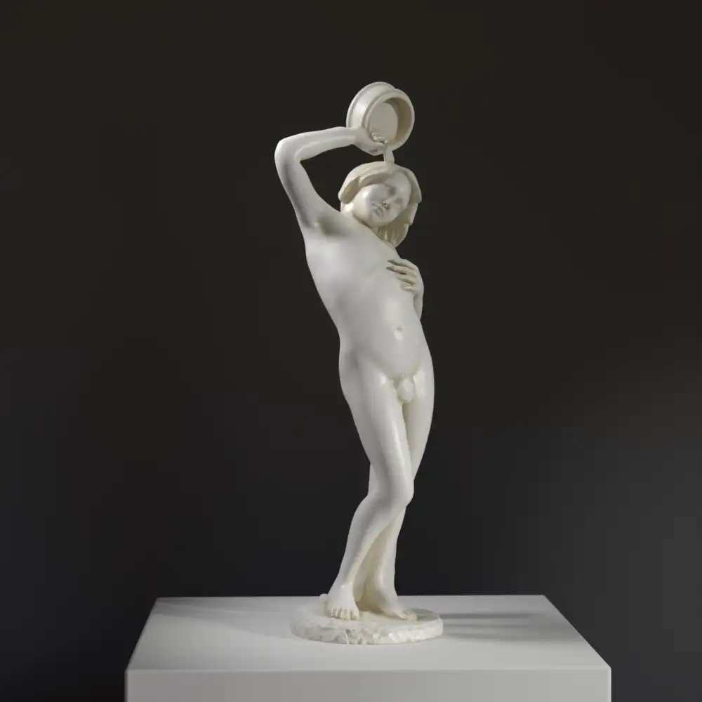 Escultura del Niño en un Baño, réplica de arte clásico en resina con acabado de mármol y bronce.