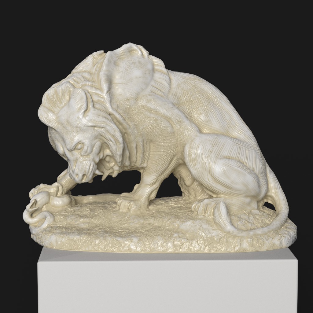 Escultura del León y la Serpiente en El Louvre de París, mostrando un león en postura poderosa y una serpiente desafiante.