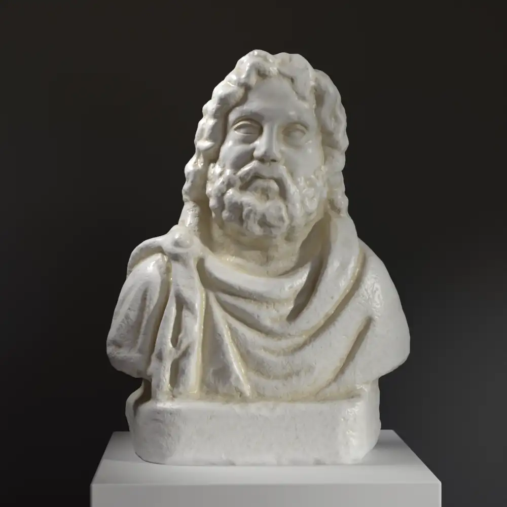 Busto de Serapis con detalles intrincados y elegante vestimenta.