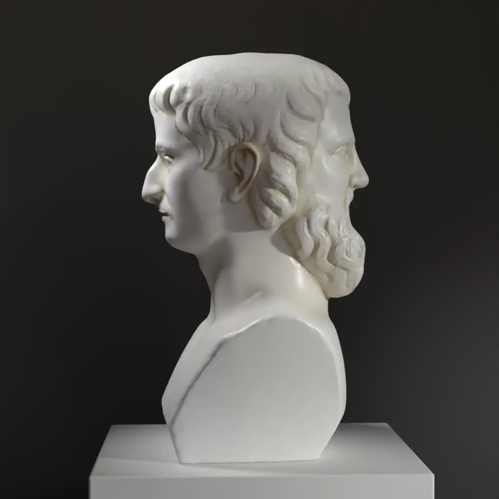 Busto de Jano de Dos Caras, escultura que simboliza dualidad y transformación.