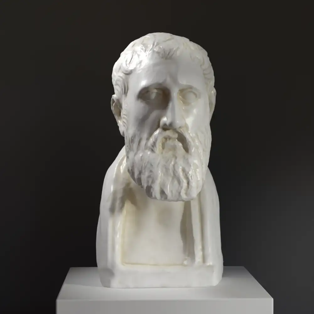 Busto de Zenón, escultura clásica en mármol con efecto de pátina.