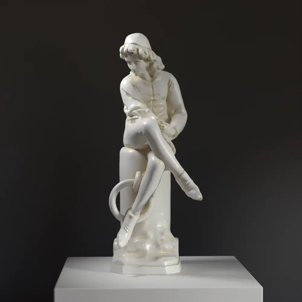 Escultura de Cristóbal Colón en su Juventud, mostrando detalles de su vestimenta y expresión.