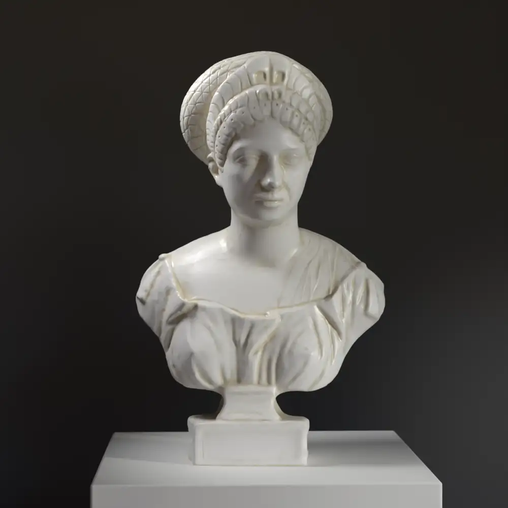 Busto de Claudia Olympias en resina con acabado de mármol y bronce.