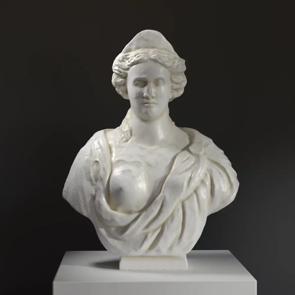 Busto de Cleopatra en Warandepark Bruselas, escultura de mármol con detalles intrincados.