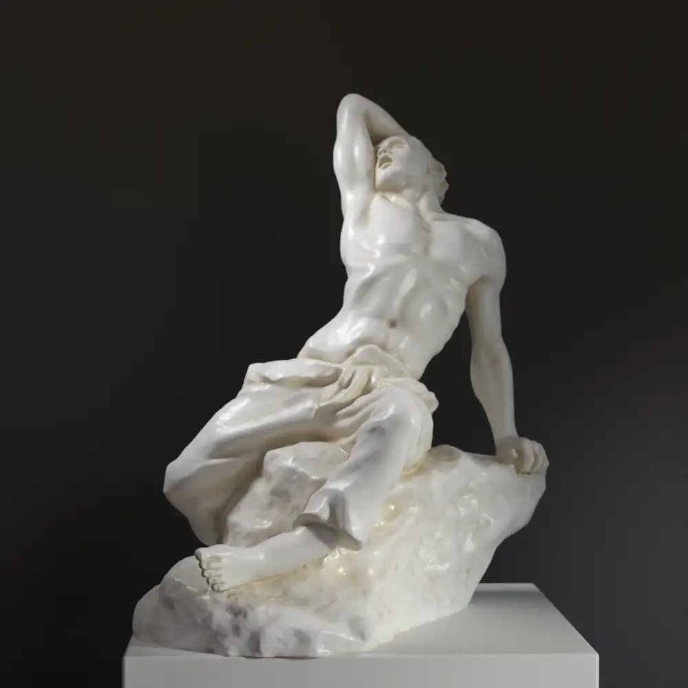 Escultura de la Explosión en las Minas de Greber, mostrando un hombre en una pose de desesperación.