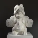 Escultura de Figura con tocado de animal, mostrando un hombre con un animal en la cabeza.