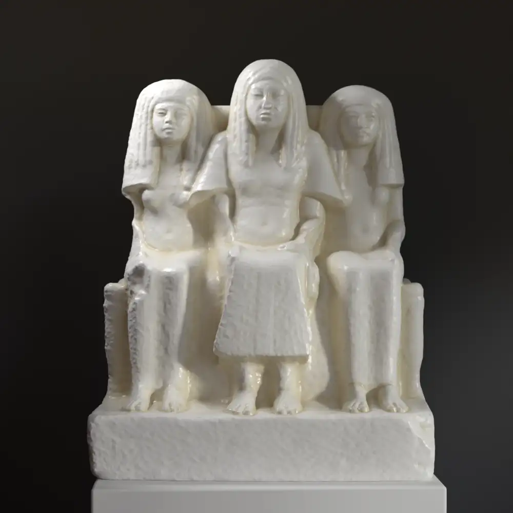 Busto de la Escultura Funeraria de Amenemheb con su esposa y madre, arte del antiguo Egipto.