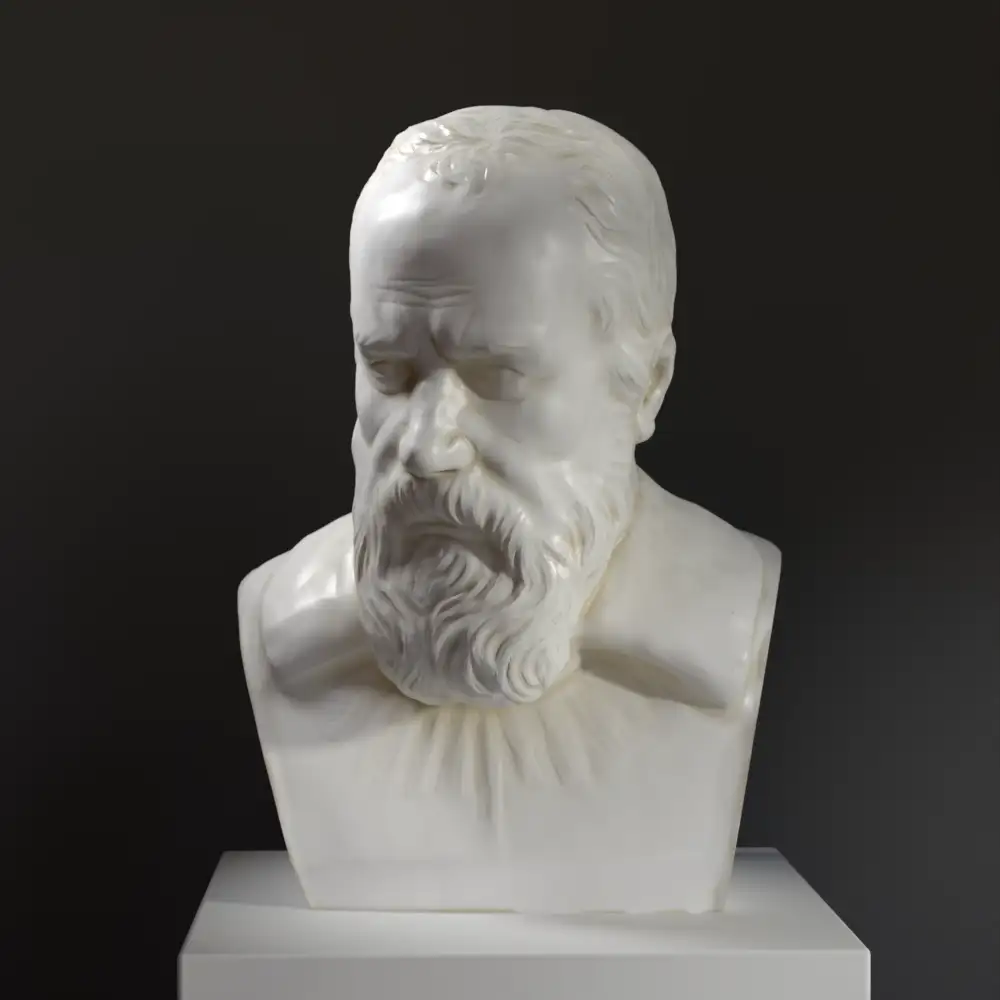 Busto de Galileo Galilei en resina con acabado de mármol y bronce.