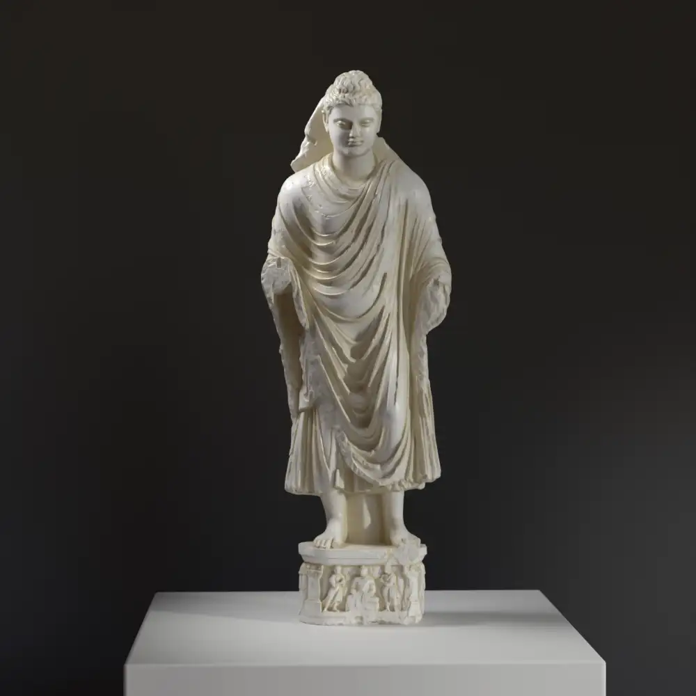 Escultura del Buda de Ghandhara en resina con pátina de mármol y bronce.