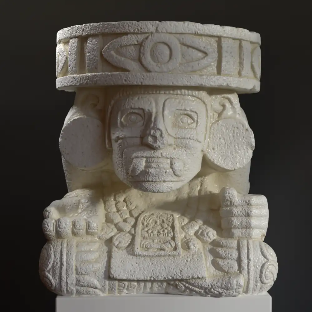 Escultura de Huehuetéotl - Tlaloc del Templo Mayor de México, destacando sus detalles intrincados.