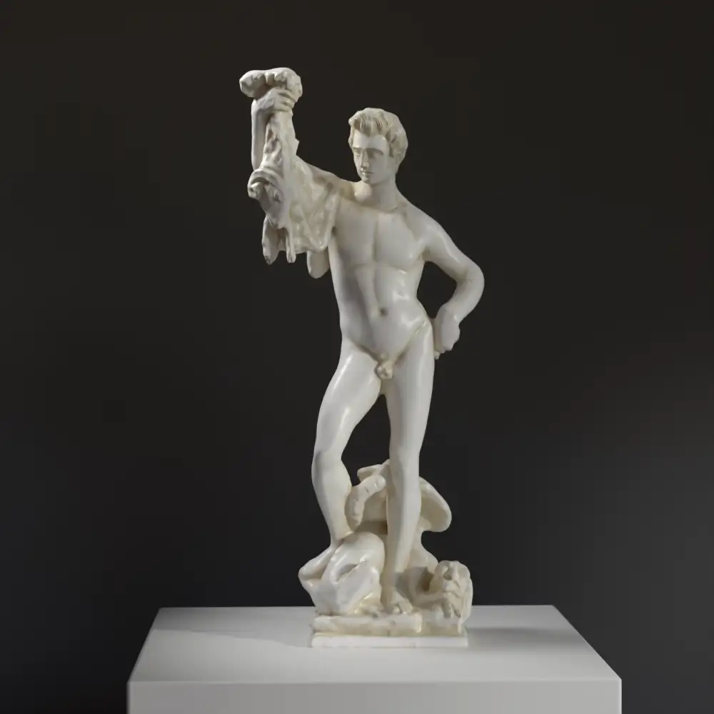 Escultura de Jasón sosteniendo el Vellocino de Oro en una pose dramática.
