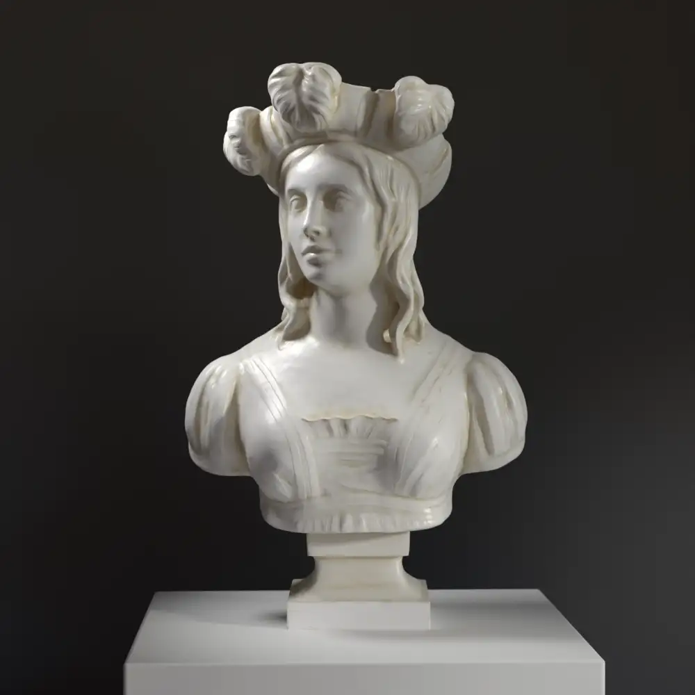 Busto de Jeanne d'Arc en resina con detalles de armadura y expresión decidida.