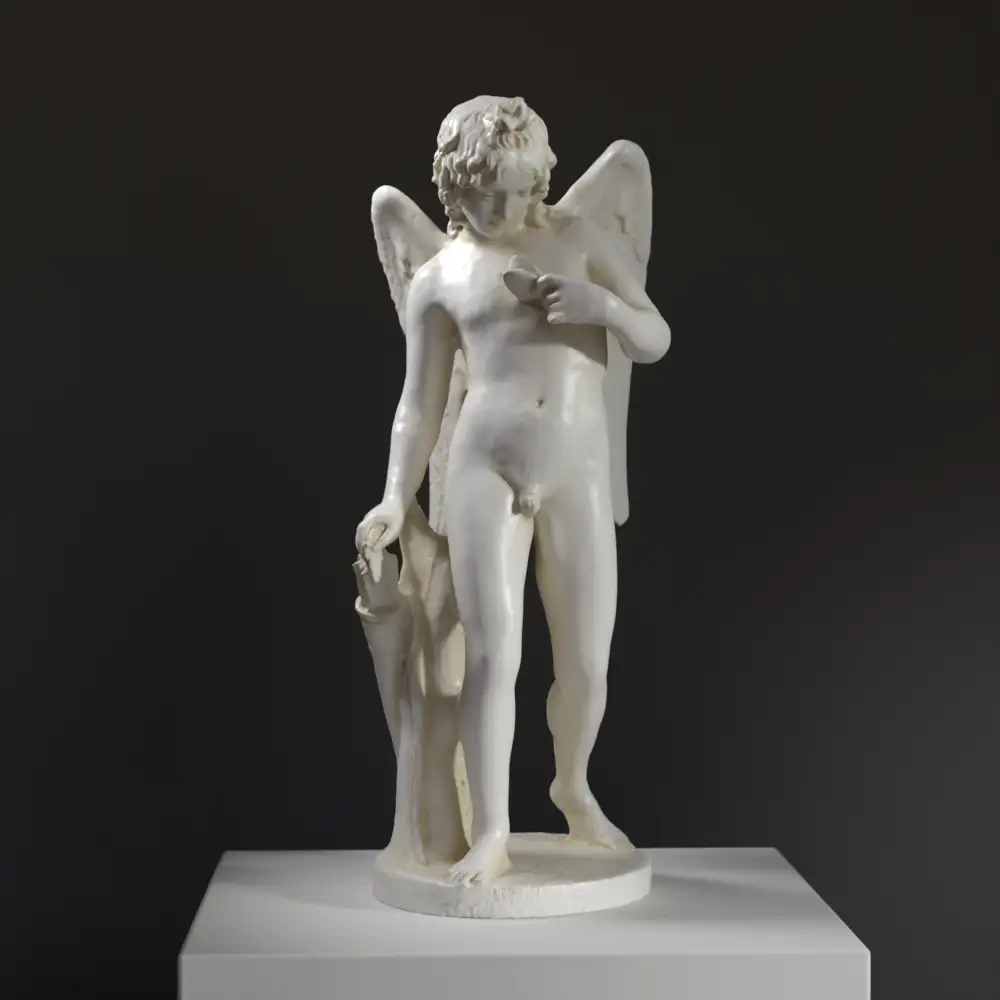 Escultura del Amor acariciando el Alma mientras se prepara para atormentarla, mostrando a Eros y una mariposa.