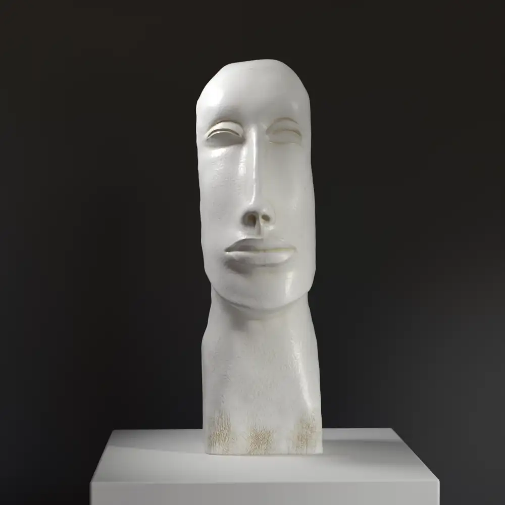 Busto de Máscara en Lausana, Suiza, escultura de resina con efecto de mármol y bronce.