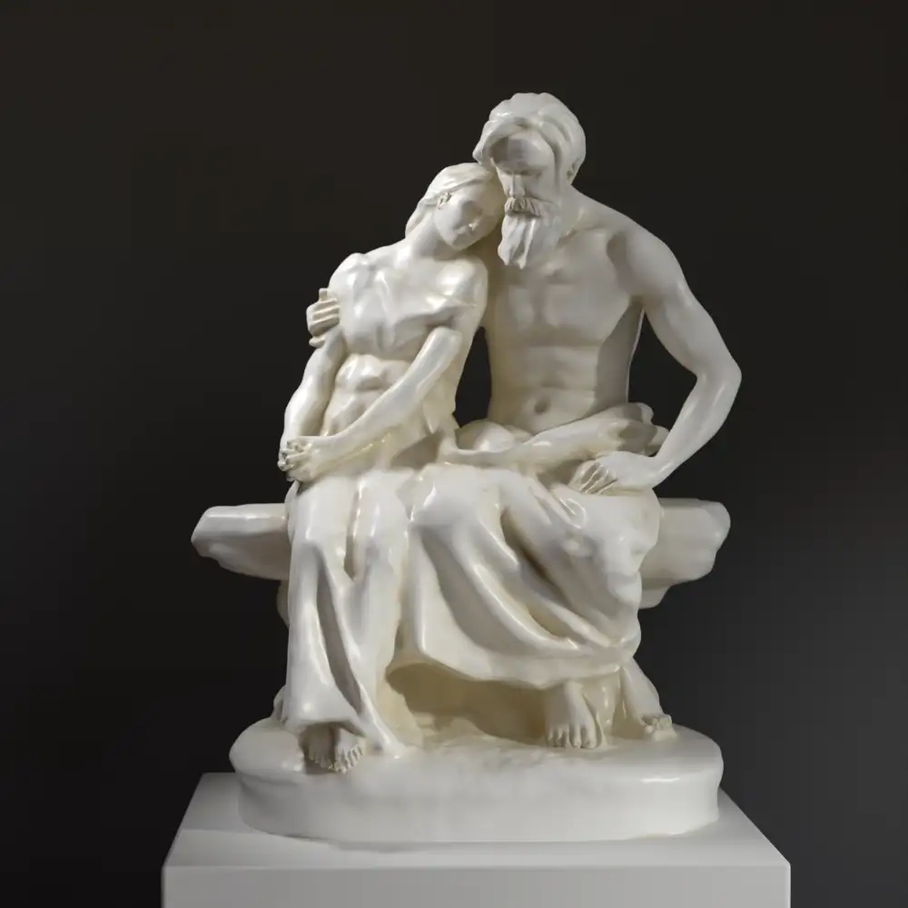 Escultura de Edipo en Colono, mostrando a Edipo y Antígona en un momento de ternura.