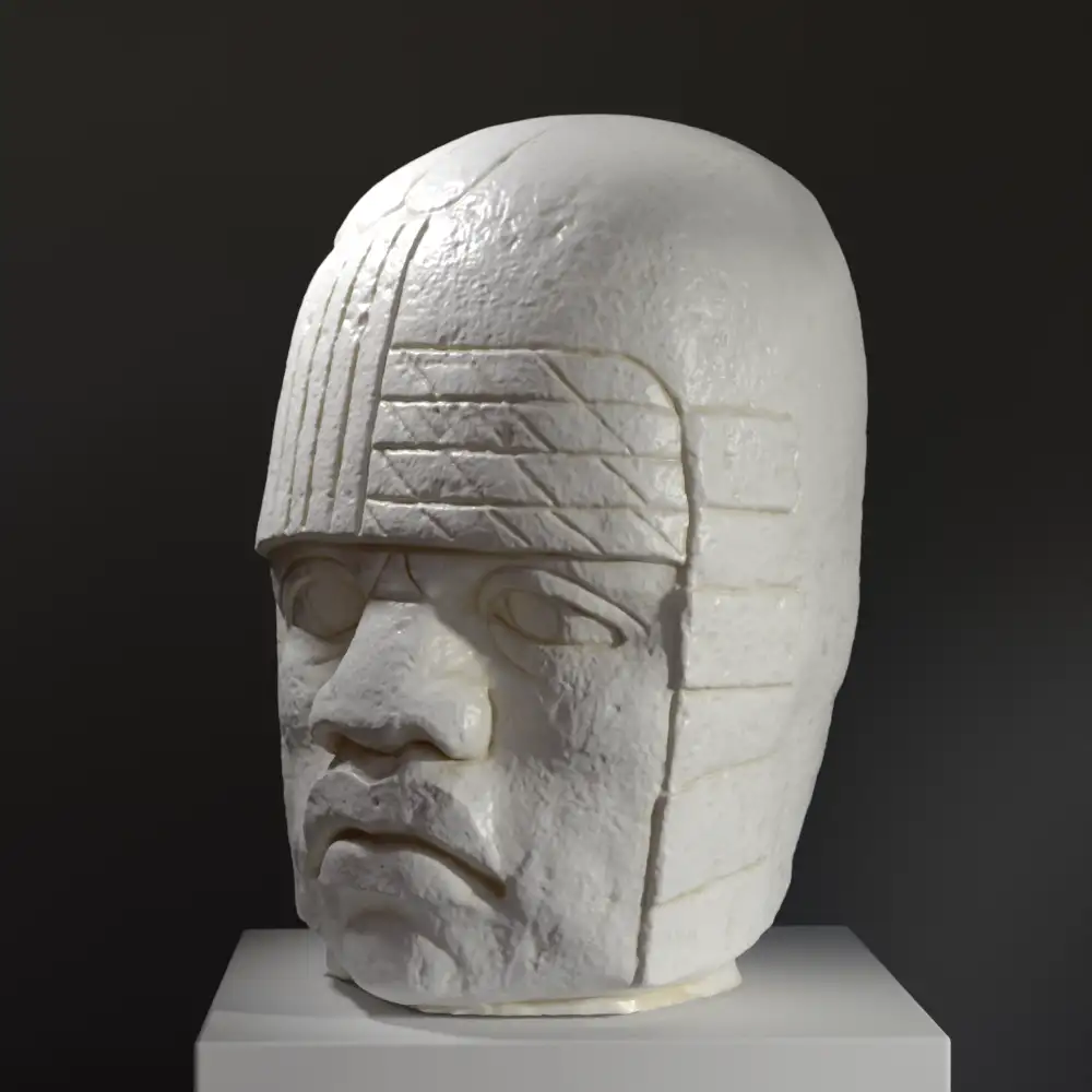 Busto de la Cabeza Colosal Olmeca en resina con efecto de pátina.